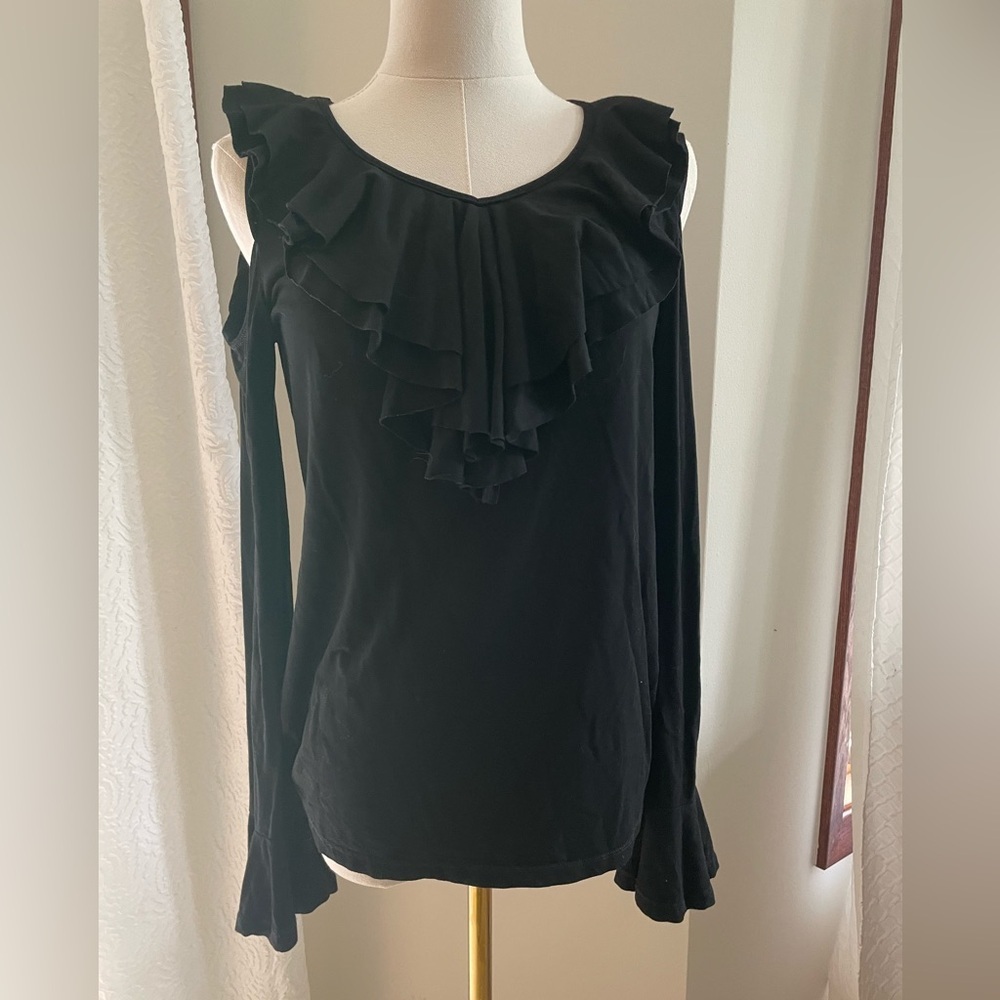 Patrizia Luca Elegant Black Ruffled Open Cold Shoulder Women's Top M